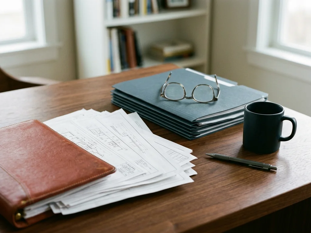 Bureau de consultation avec plans immobiliers et dossiers pour organiser un projet d'achat.