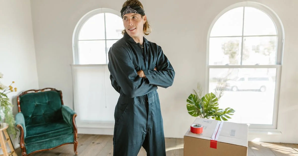 Homme en combinaison souriant dans une nouvelle maison avec des boîtes de déménagement.