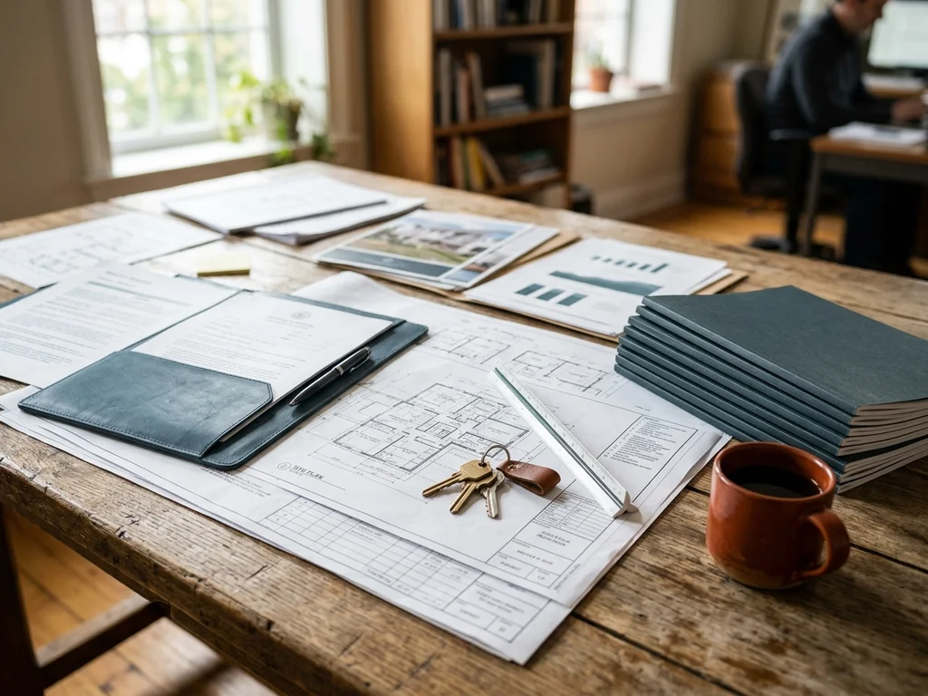 Dossiers et plans immobiliers étalés sur un bureau en bois pour l'étude de projets.